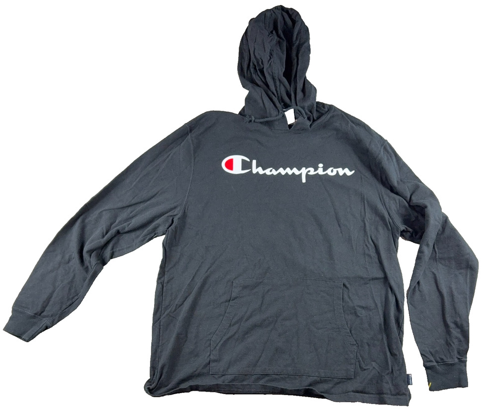 Champion Mens XL Black Lightweight Jersey Hoodie Script Logo Cotton T4177